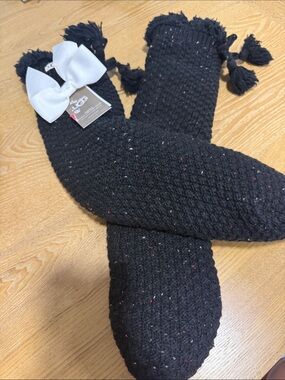 UGG Black Knit Fleece-Lined Cozy Socks with White Bow